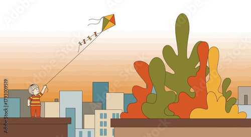 Boy flying a kite on a rooftop with city skyline and abstract foliage in the background