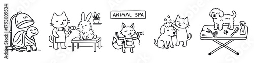 Black-and-white cartoon illustration of animals in multi-scene pet grooming spa with towels, bubbles, and tools, vector