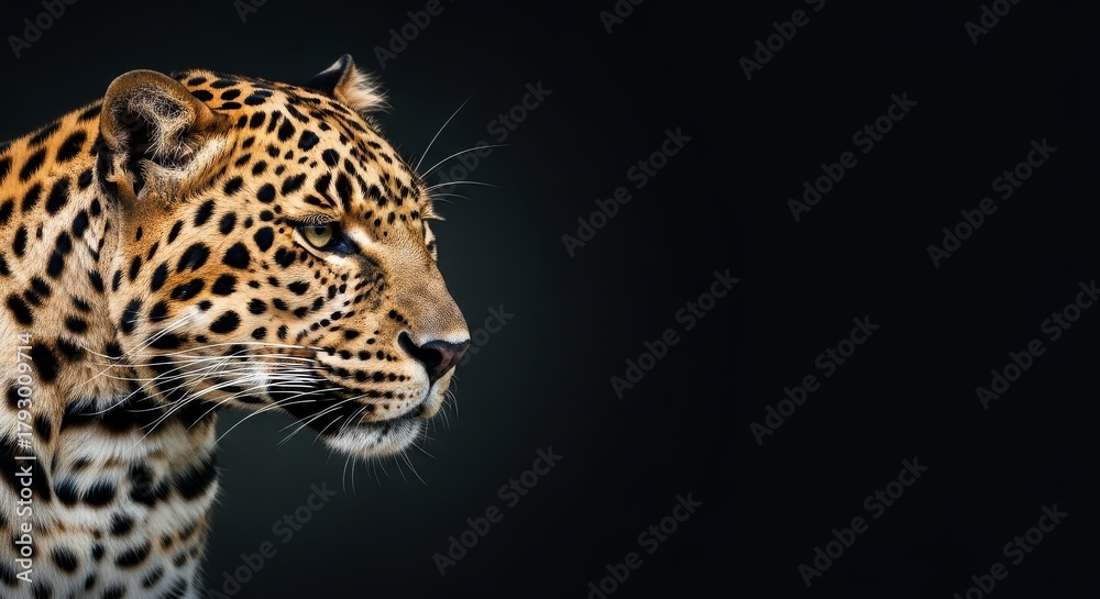 Obraz premium Leopard Portrait on Dark Background - Profile of a beautiful leopard against a solid black background. Majestic and powerful
