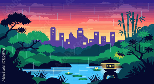 Vibrant pixel art illustration depicting a tranquil Japanese garden scene with a reflective pond, glowing stone lantern, lush foliage, and distant city skyline under a dramatic rainy sunset sky