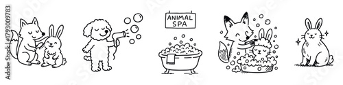 Black-and-white cartoon illustrations of animals enjoying spa day with bubbles, bathtub, and “ANIMAL SPA” sign, vector