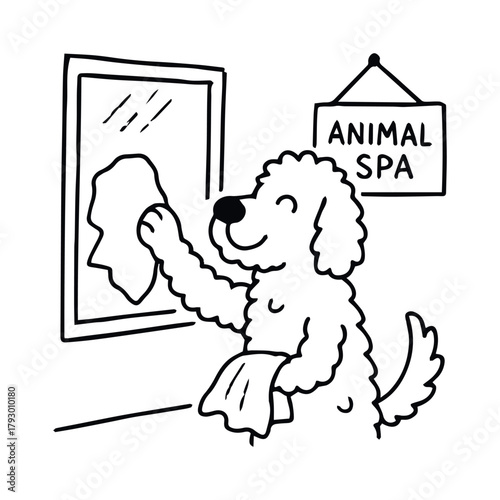Black-and-white cartoon illustration of dog cleaning mirror with cloths under “ANIMAL SPA” sign in whimsical pet grooming theme