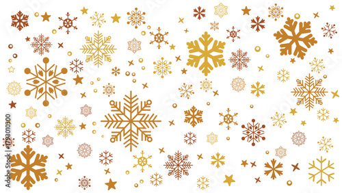 Festive winter background with falling snowflakes and stars in warm tones of gold, yellow, and brown/orange against a white background. Seamless vector pattern of various sizes for Christmas, New Year