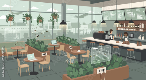 Modern Airport Cafe Interior Design Cozy Seating, Barista Station, and Flight Views