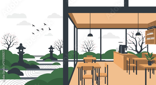 A tranquil indoor cafe setting with a panoramic view of a serene Japanese zen garden featuring stone lanterns and graceful trees, creating a peaceful dining experience