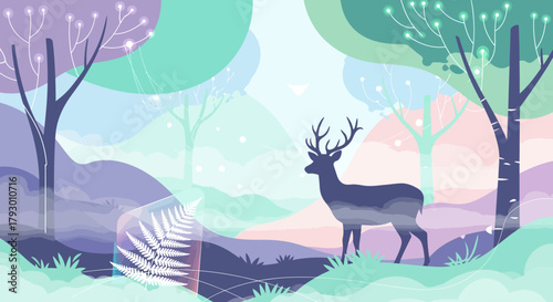 Enchanted Forest Deer in a Whimsical Winter Landscape Illustration