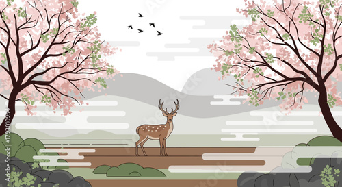 A serene illustration depicting a majestic spotted deer gracefully standing amidst the vibrant pink hues of cherry blossom trees in a peaceful spring landscape