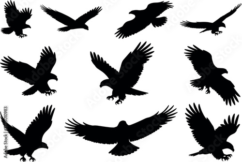 Flying eagle silhouettes set, birds of prey in flight, hawk falcon raptor icons, black vector shapes, wings spread, talons extended