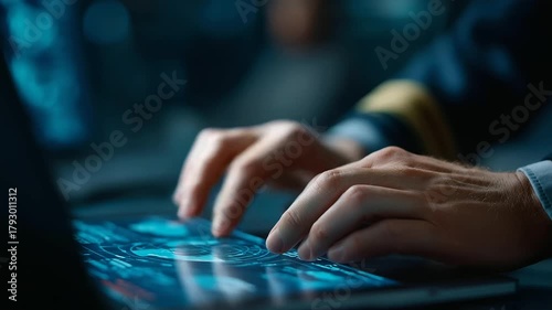 Military officer hands on laptop with defocused missile interface, faceless data center, target visualization detail, blurred screen background, coordinate concept, army interface,