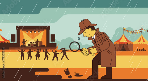 Detective at a Festival Investigates Footprints During a Rainy Outdoor Concert