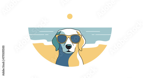 Stylish canine enjoying a sunny beach day with cool shades, embodying a laid-back summer vacation spirit and playful outdoor fun