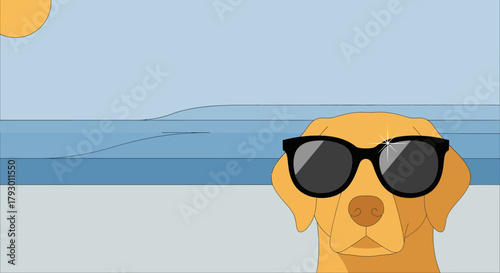 Cool Dog enjoying a sunny beach day with sunglasses cartoon illustration