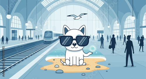 Whimsical Illustration of a Cool Dog with Sunglasses Enjoying a Sandy Oasis on a Bustling Train Station Platform Amidst Travelers and a Departing Urban Commuter Train