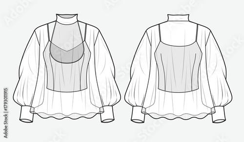 Blouson tops front and back view technical flat drawing vector mockup illustration.
