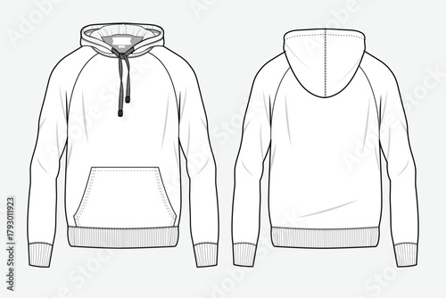 Slim fit raglan sleeve hoodie front and back view technical flat sketch vector mockup illustration.