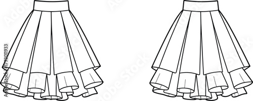 Layered flared skirt technical sketch, front and back view, tiered hemline, panel seams, fitted waistband, fashion flat, garment construction, vector illustration