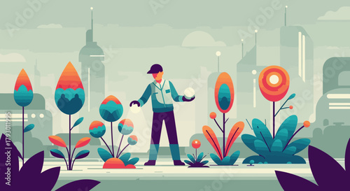 A modern individual tends to a vibrant array of genetically enhanced flora within a serene, futuristic urban landscape, symbolizing sustainable growth and ecological innovation