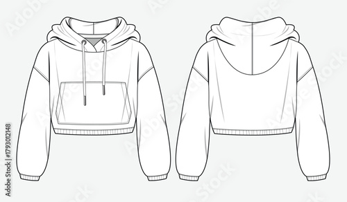 Ladies oversized cropped hoodie front and back view design technical flat sketch vector mockup template.