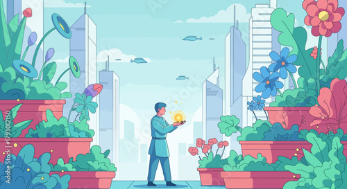 Vision of a sustainable future, a man holding a glowing energy source in a green eco-city with urban gardens and futuristic architecture