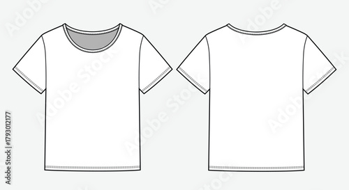 Kids short sleeve t shirt front and back view vector design technical flat drawing by adobe illustrator.
