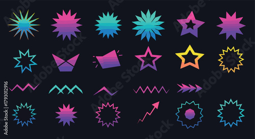 Dynamic gradient abstract geometric starburst and line shapes vector collection on dark background digital design assets modern colorful