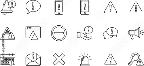 Alert Icons Set, Outline Style, Notice Elements, Exclamation Mark, Transparent Background
