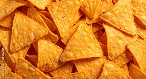 Close up of many crispy golden tortilla chips