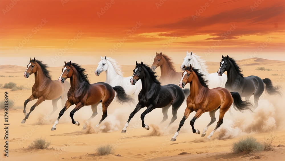 Fototapeta premium noble horses galloping through misty mountains, Gongbi high court Chinese fine art painting