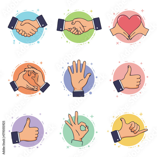 Illustrative collection of human hand gestures showcasing diverse nonverbal communication, agreement, support, and interaction concepts