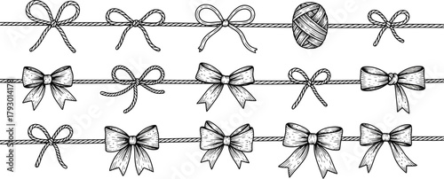 Assorted Decorative Knot Bows on String, Hand Drawn Isolated on White