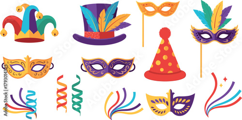 Carnival masks, hats, and streamers illustration on transparent background
