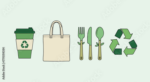 Eco-friendly items: reusable cup, tote bag, utensils, and recycle symbol on transparent background