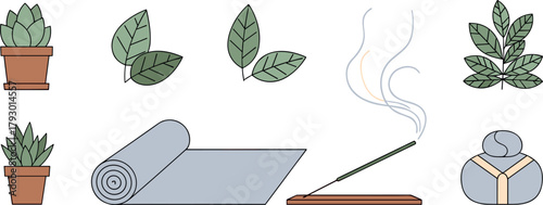 Yoga and meditation still life with plants, mat, incense, and stone on transparent background