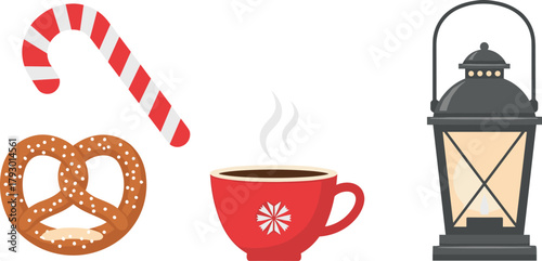 Candy cane, pretzel, mug with steam, and lantern illustration on transparent background