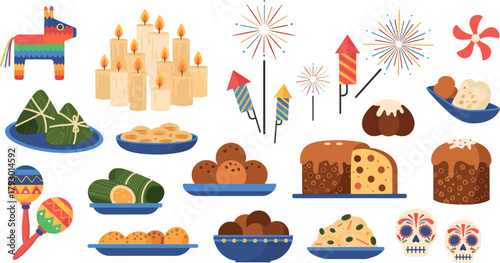 Festive celebration elements: food, decorations, and cultural symbols on transparent background