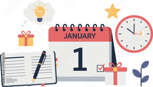January 1st calendar with clock, notebook, and gift boxes on transparent background