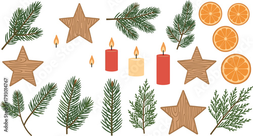 Christmas decoration elements with fir branches, wooden stars, candles, and orange slices on transparent background
