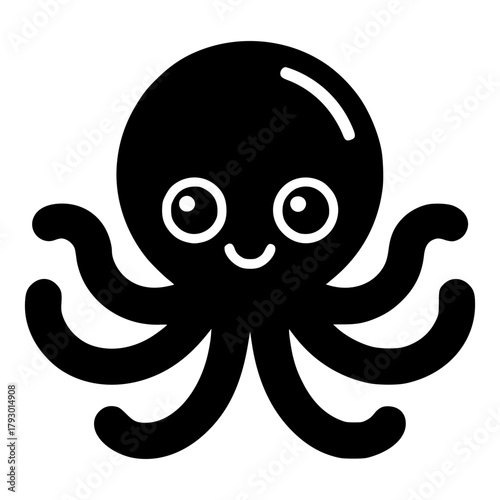 Black Octopus: A minimalist illustration of a cheerful black octopus with a friendly smile, embodying the playful charm of the marine world.