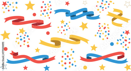 Colorful ribbons, confetti, and stars on white background on transparent background