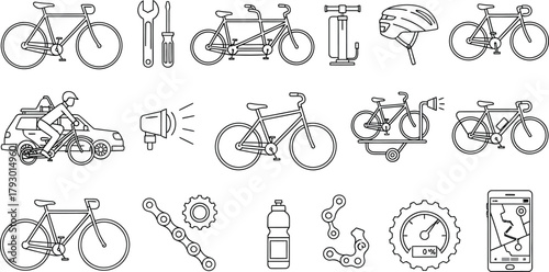 Bicycle Collection Icons Cycling, Gear, Repair Tools on Transparent Background