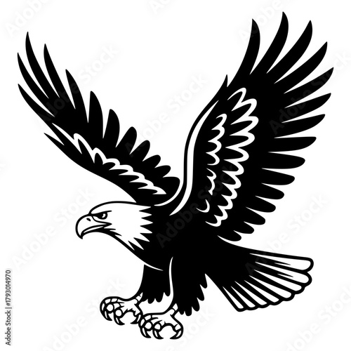 Majestic Soar: A stylized image of a Bald eagle in full flight, showcasing its powerful wingspan and keen gaze. Depicting freedom and national pride