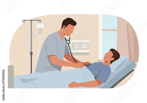 A medical professional carefully examines a patient resting in a hospital bed with an intravenous drip, symbolizing dedicated healthcare services