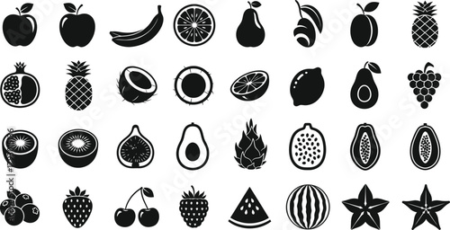 Black and White Fruit Icon Set, Apple, Banana, Orange, Pear, Exotic Fruits