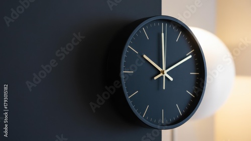 Minimalist navy wall clock with gold hands, close-up on charcoal wall — productivity app hero