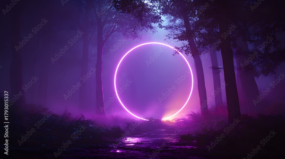 Fototapeta premium Brilliant neon ring illuminates misty, dark forest pathway at night
