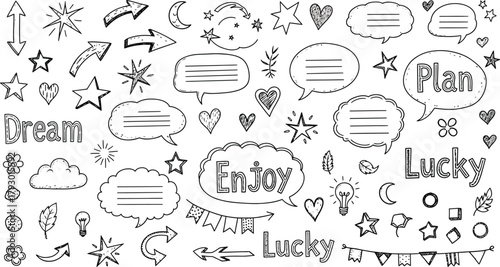 Black Outline Doodle with Arrows, Speech Bubbles, Stars and Wishes on White