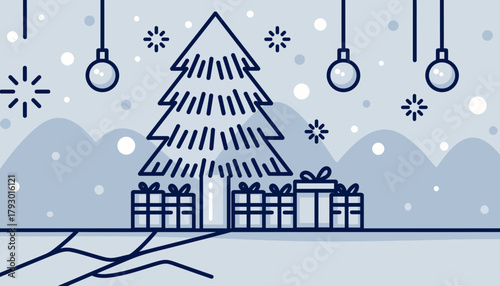 Minimalist Outline Illustration of Winter Christmas Tree with Presents and Falling Snowflakes