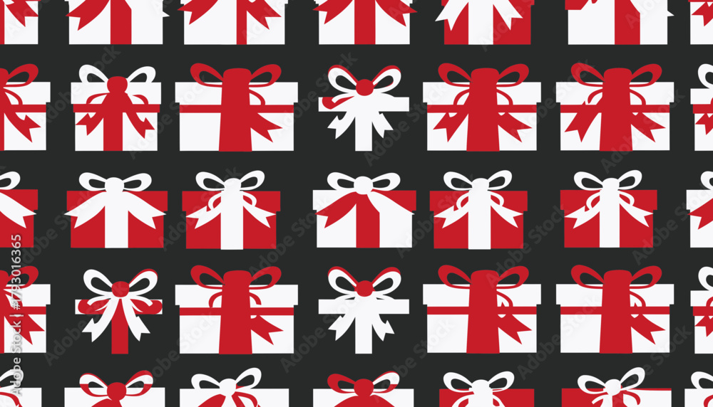Obraz premium Seamless Pattern of Red and White Christmas Gift Boxes on Dark Background for Holiday Design