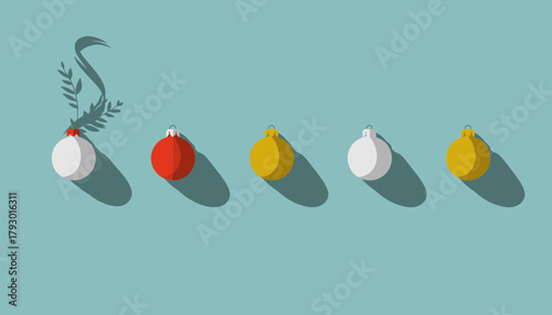 Minimalist Row of Hanging Christmas Ornaments with Long Shadows on Teal Background