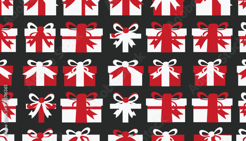 Seamless Pattern of Red and White Christmas Gift Boxes on Dark Background for Holiday Design